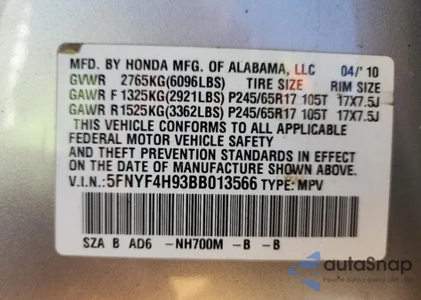 2011 Honda Pilot Touring from USA, damaged, VIN 5FNYF4H93BB013566